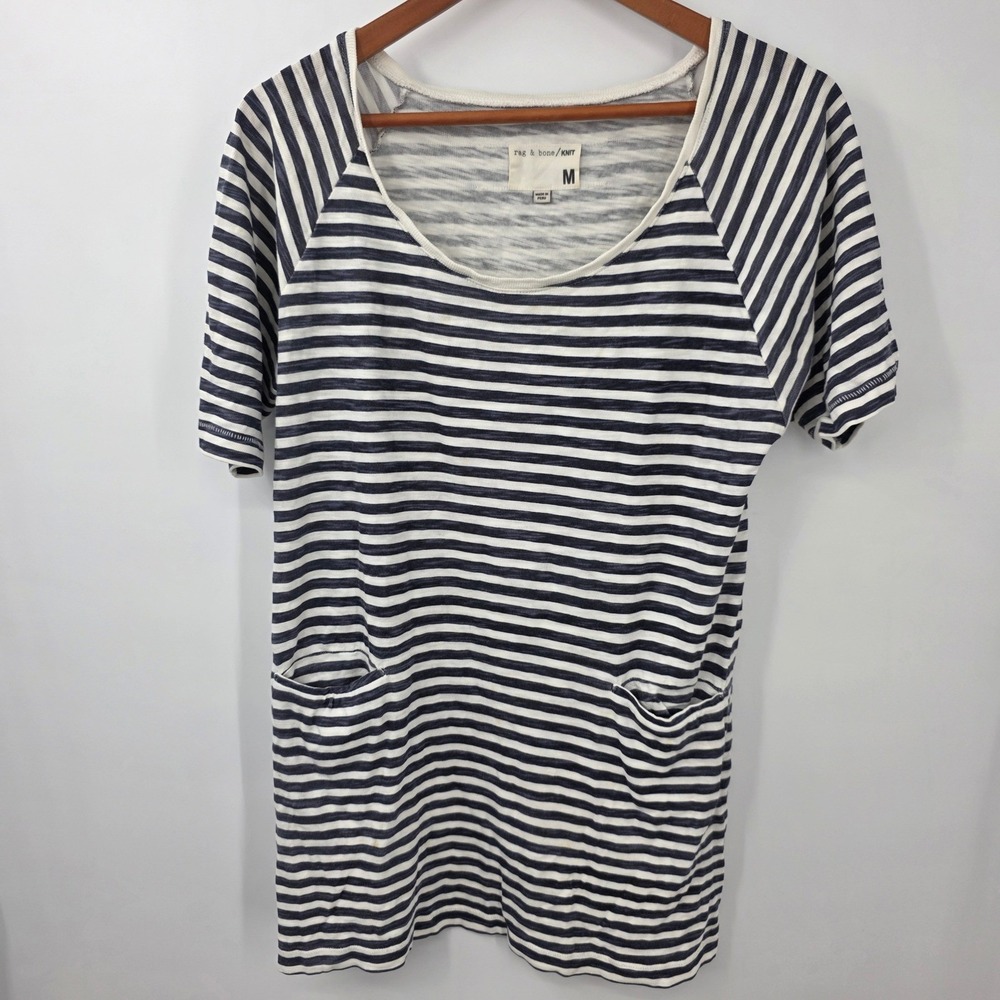Rag & Bone Knit Navy White Striped T-Shirt Dress Pockets Cotton Medium M